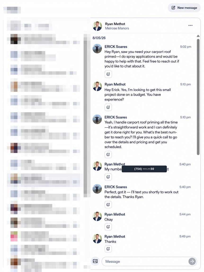 DIPAZE AI messaging the neighbor and capturing their phone number, masked for privacy