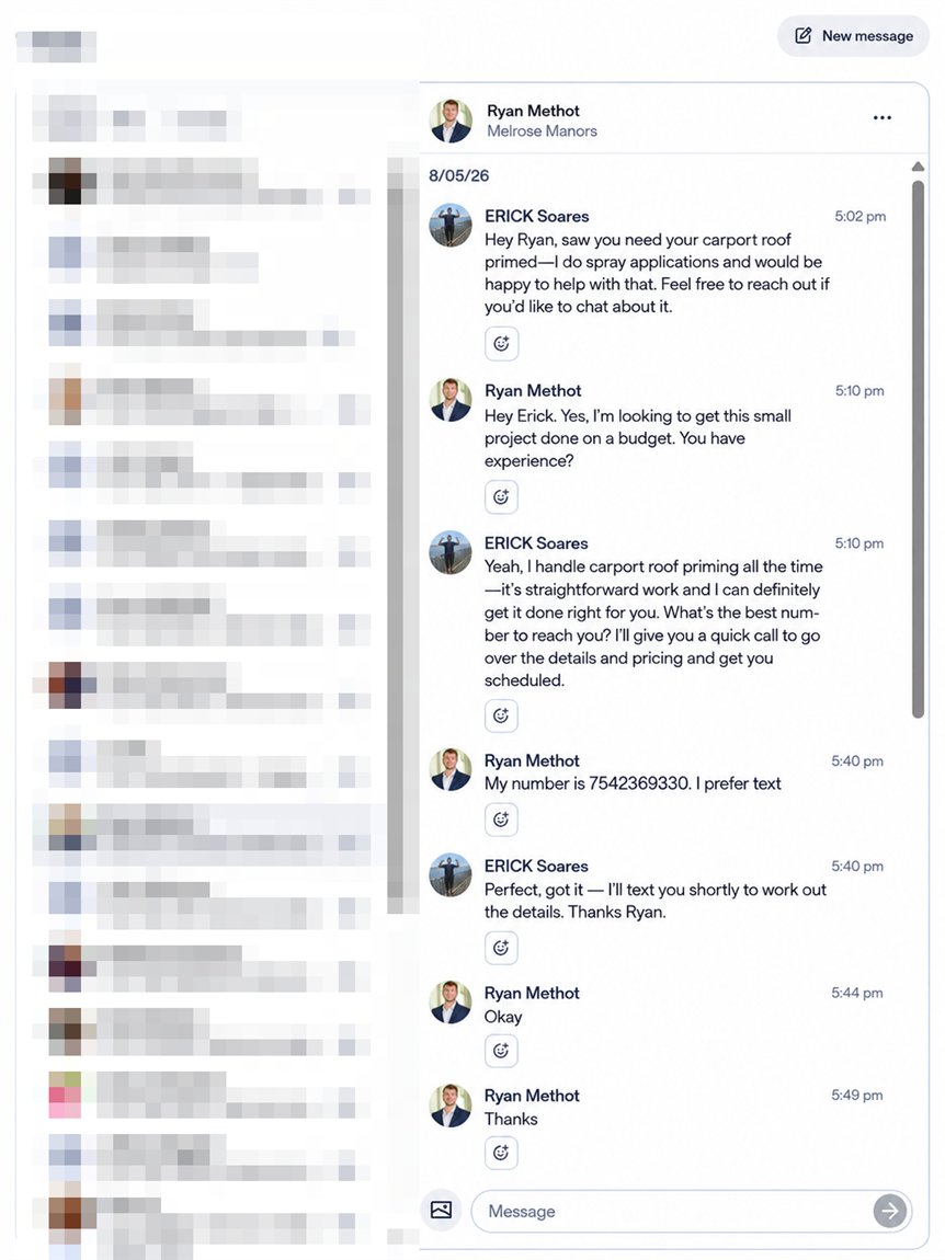 DIPAZE AI messaging the neighbor on Nextdoor and capturing their phone number