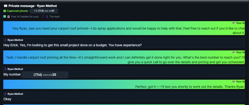 DIPAZE dashboard showing the captured phone number, ready to call and text you