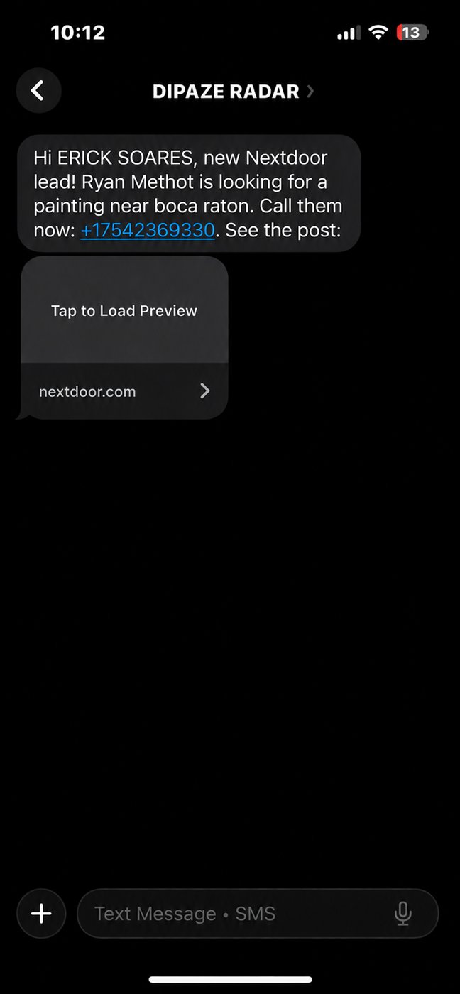 DIPAZE text message on the pro's phone delivering the new lead's name and phone number, ready to call